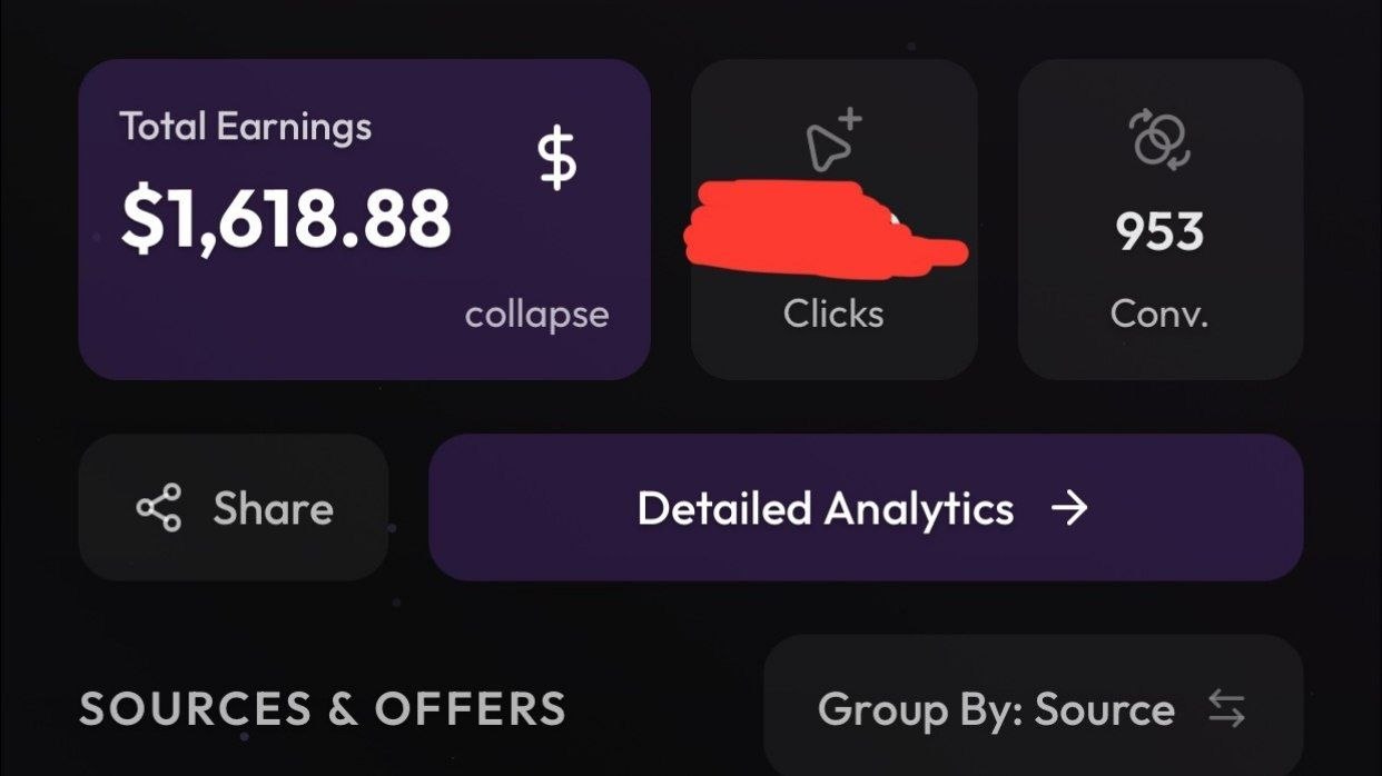 Member dashboard showing total earnings of $1,618.88 across 953 conversions