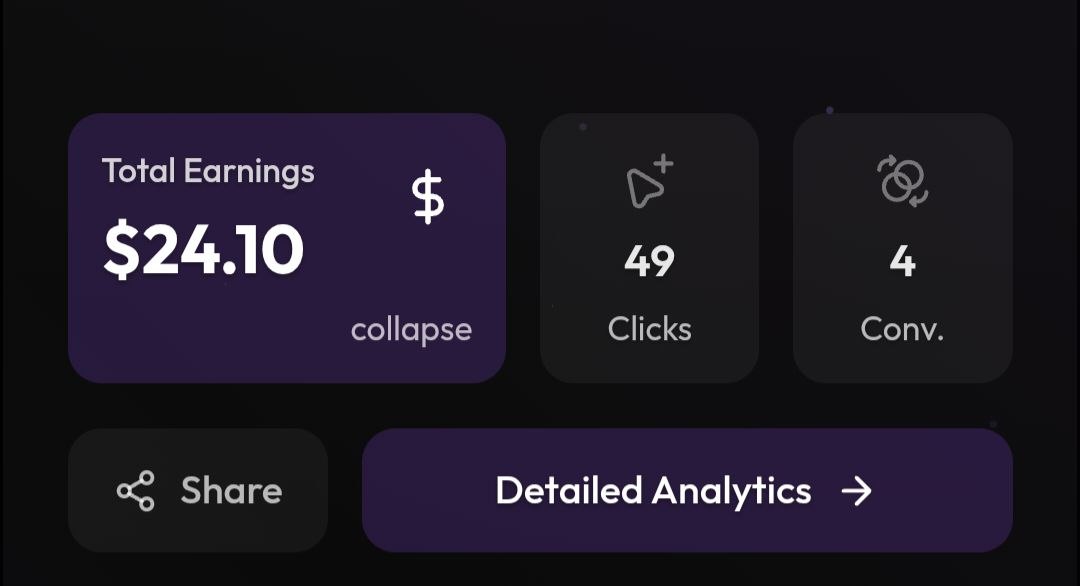 Earnings card showing total earnings, clicks and conversions