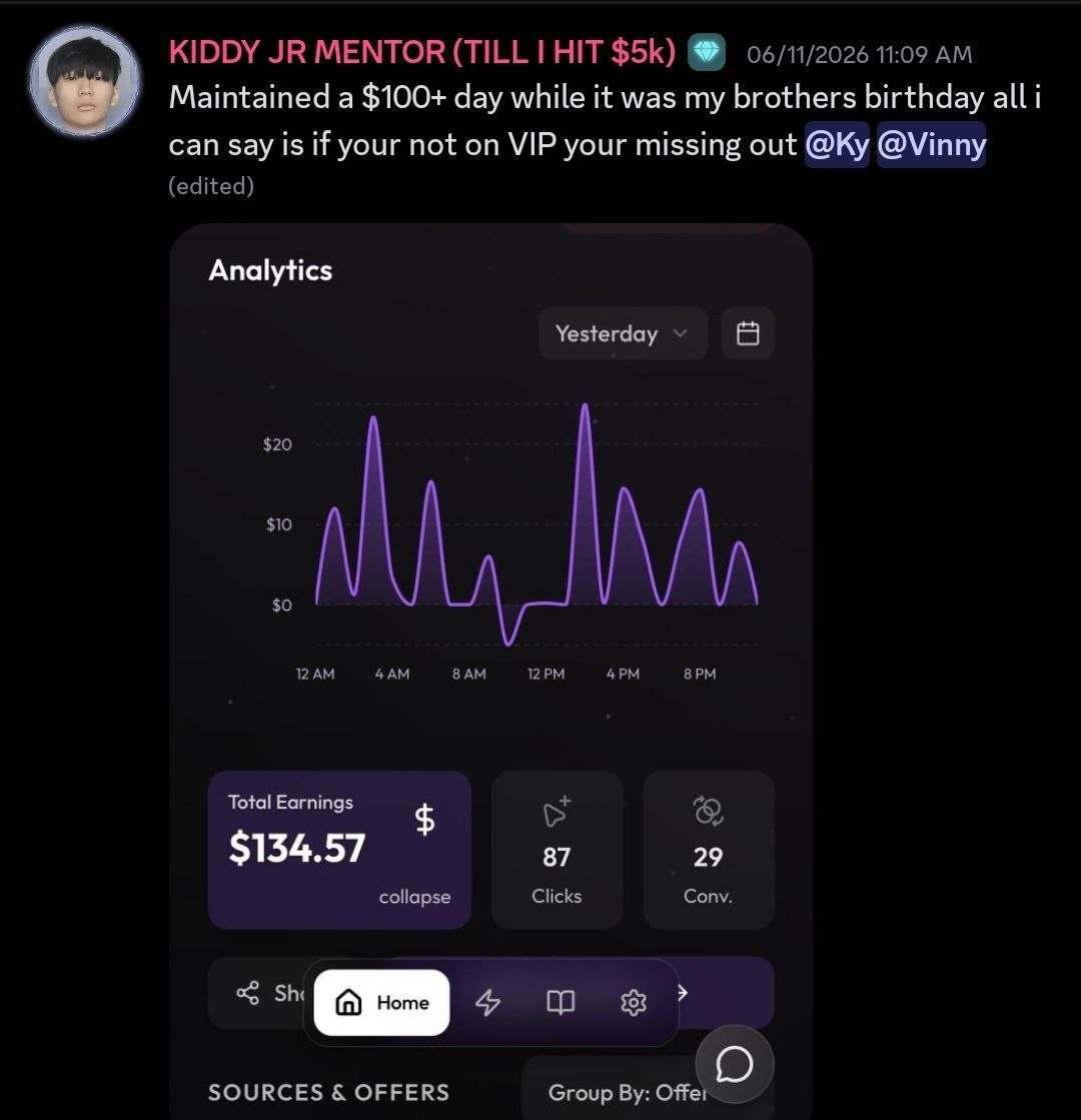 Mentor post showing a 24-hour analytics graph with $134.57 total earnings