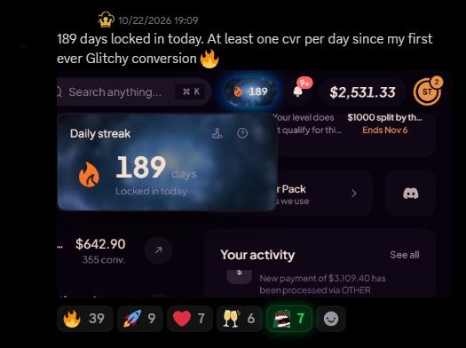 Community celebration of a 189-day streak with a $2,531.33 balance