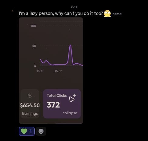 Community post sharing a growth graph with $654.50 earnings and 372 total clicks